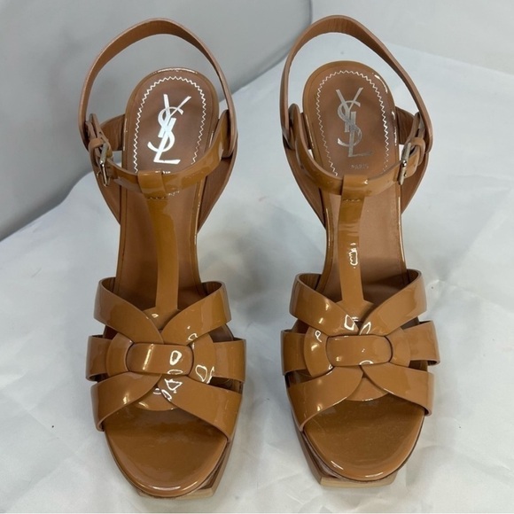 YVE SAINT LAURENT Tribute Brown T-strap Patent Leather Platform Sandal N… - Picture 2 of 13